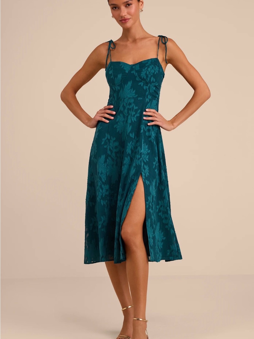Lulus Loveliest Looks Emerald Green Jacquard Tie-Strap Midi Dress